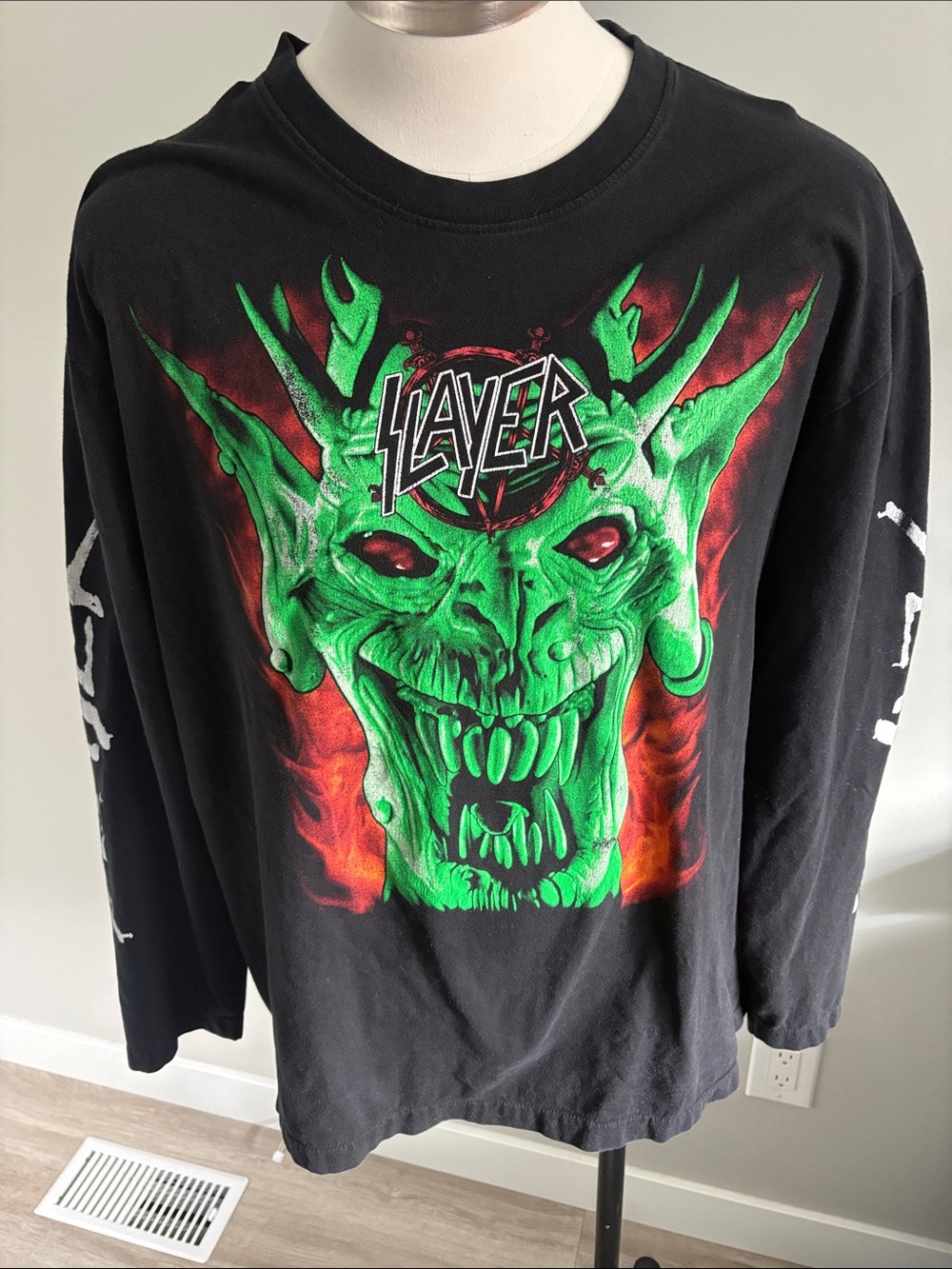 Slayer Black Long-Sleeve Tee with Neon Green Skull Graphic